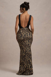 Leopard Print Satin V-Neck Maxi Dress With Black Lace Trim